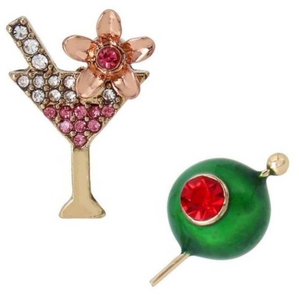 Betsey Johnson Yellow Gold and Crystal Mismatch Martini Post Back Stud Earrings
